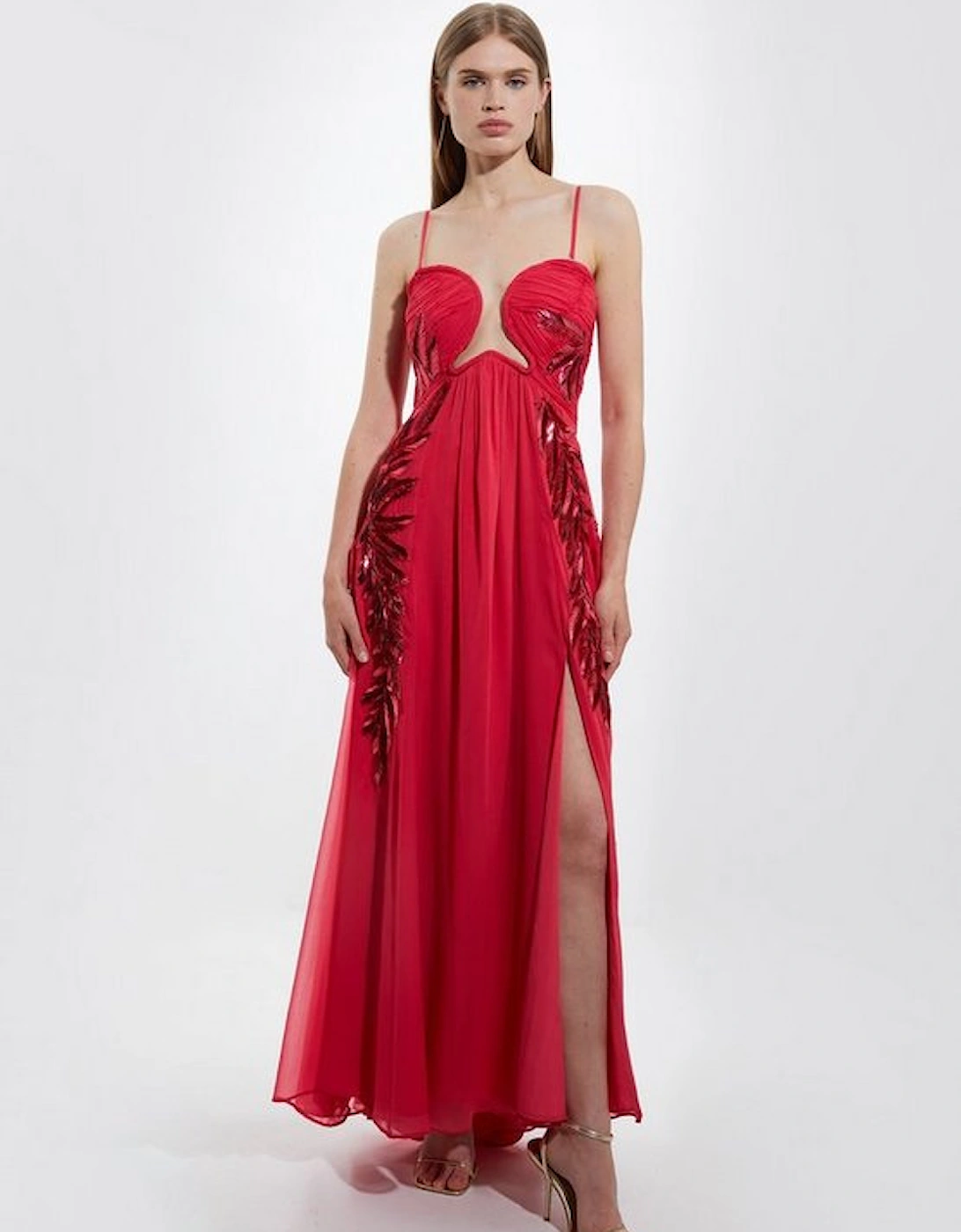 Feather Embellished Woven Halter Maxi Dress, 4 of 3