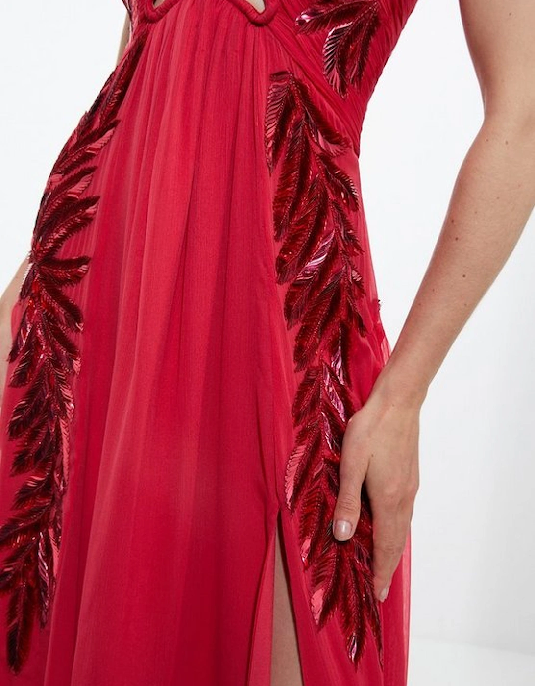 Feather Embellished Woven Halter Maxi Dress