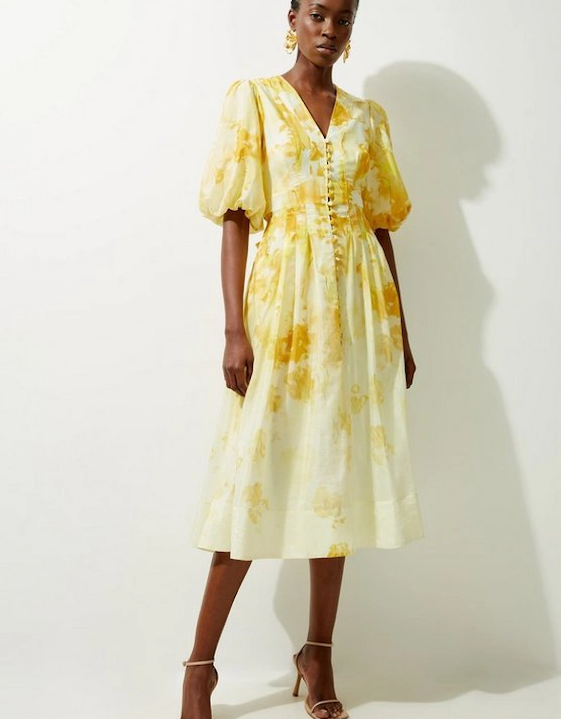 Silk Cotton Trailing Floral Puff Sleeve Midi Dress, 4 of 3