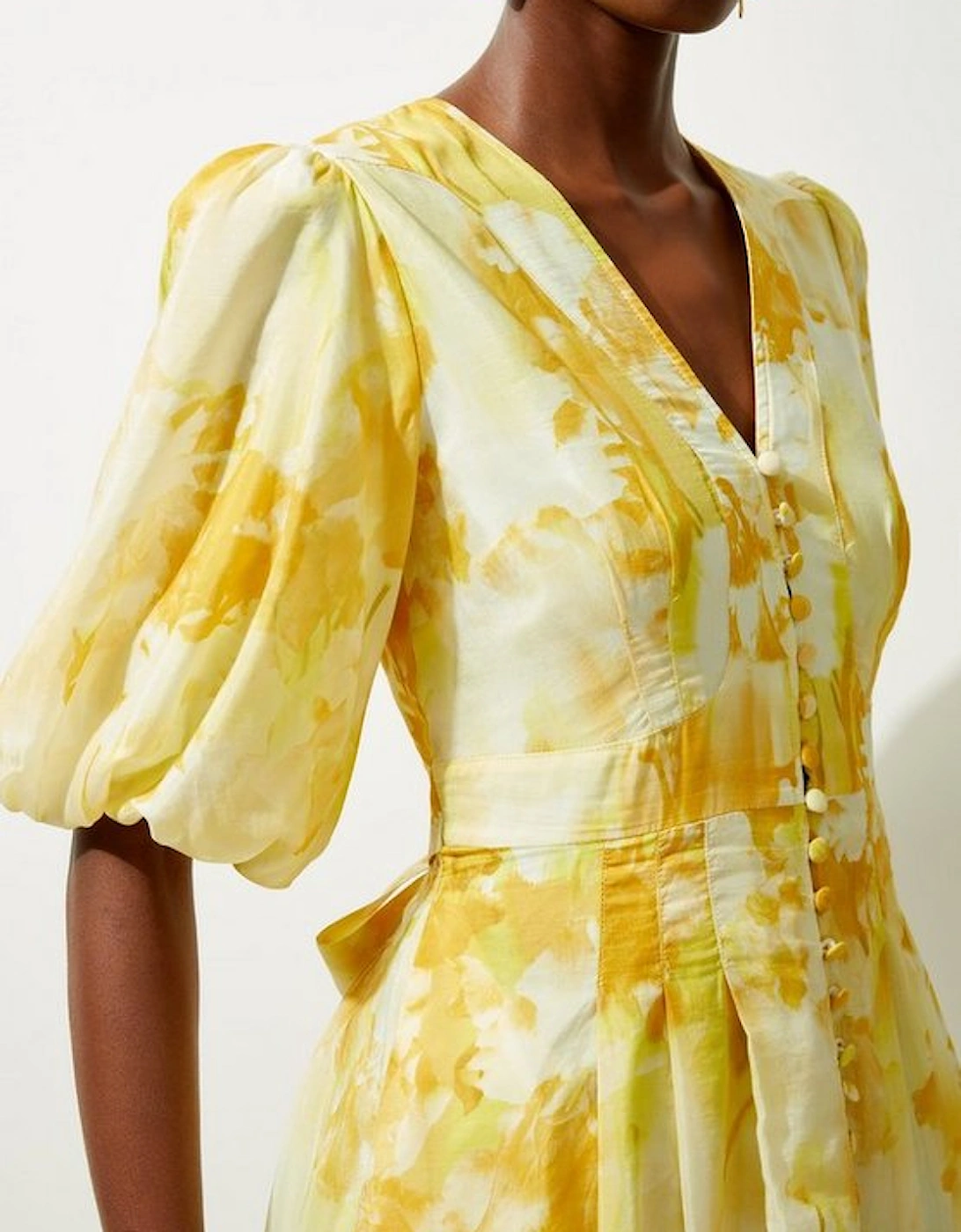 Silk Cotton Trailing Floral Puff Sleeve Midi Dress
