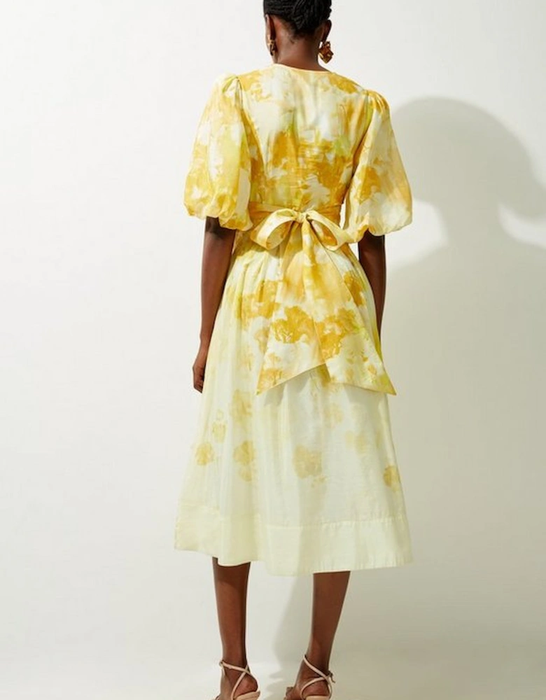 Silk Cotton Trailing Floral Puff Sleeve Midi Dress