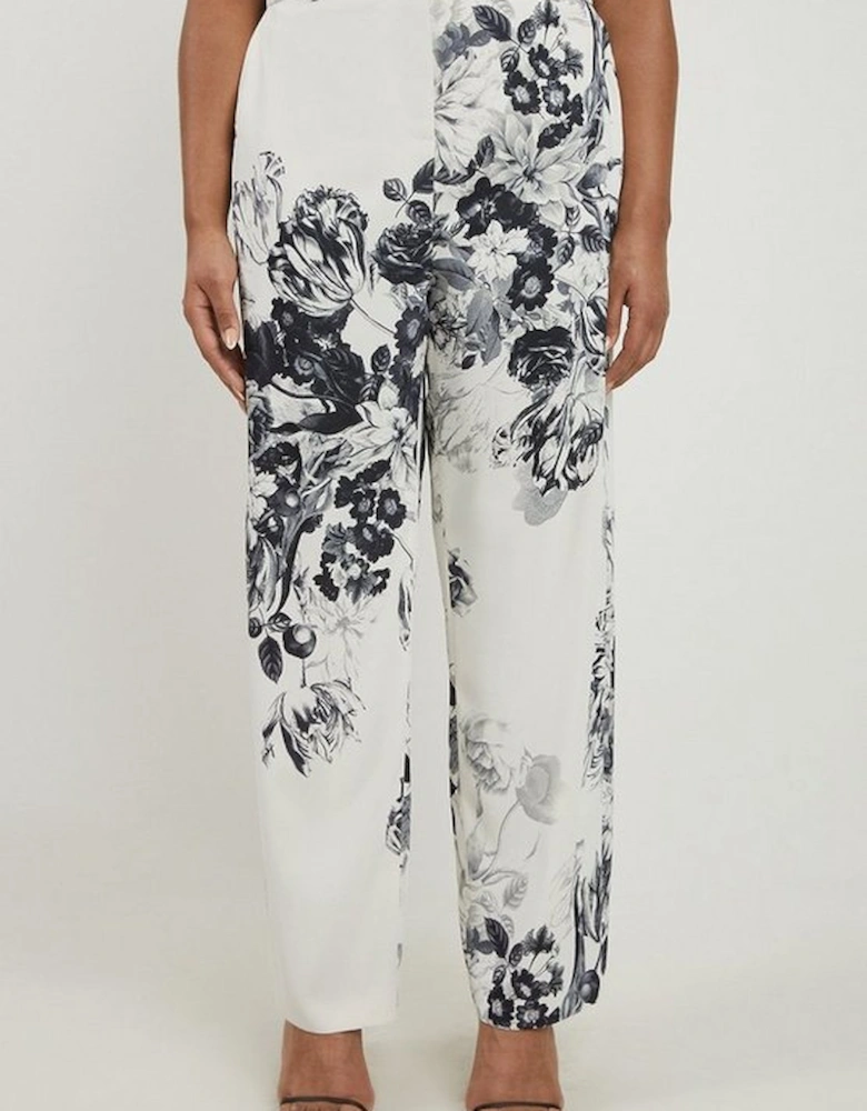 Plus Size Tailored Crepe Mono Floral Slim Leg Tailored Trousers