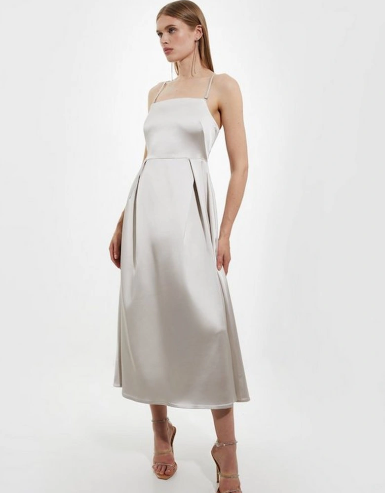 Italian Satin Tailored Full Skirt Midi Dress