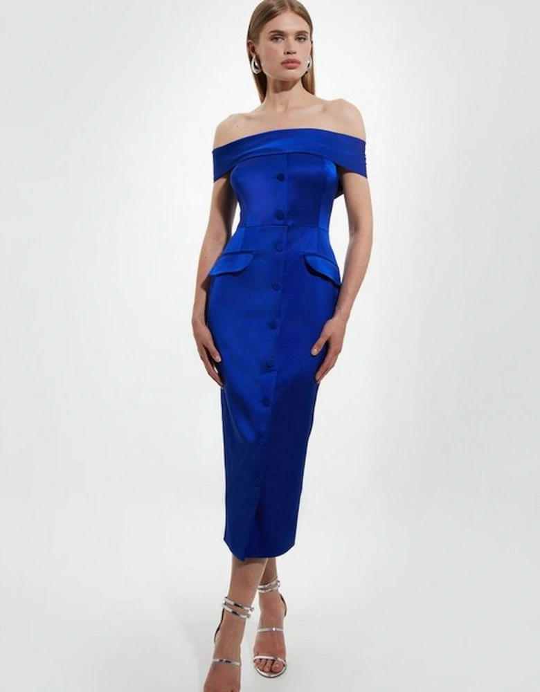 Italian Structured Rib Bardot Button Through Tailored Midi Dress