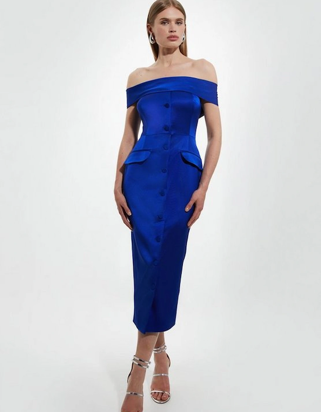 Italian Structured Rib Bardot Button Through Tailored Midi Dress, 4 of 3