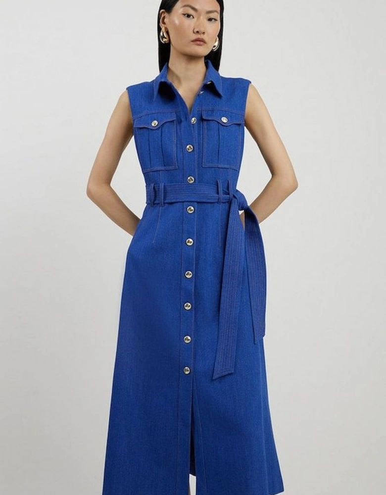 Petite Tailored Denim Pocket Belted Full Skirt Midi Shirt Dress
