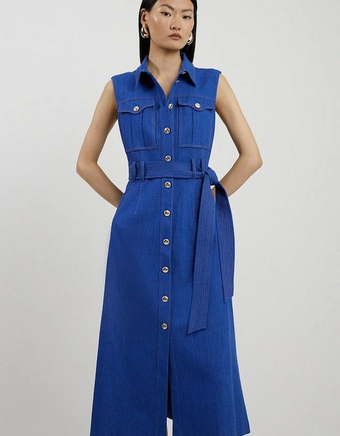 Petite Tailored Denim Pocket Belted Full Skirt Midi Shirt Dress, 4 of 3