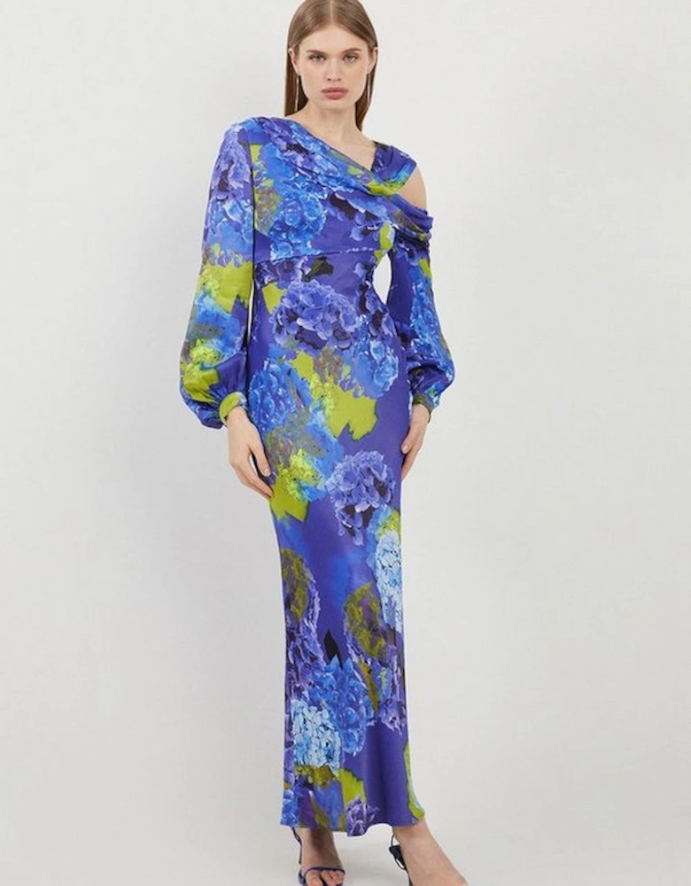 Bright Floral Print Satin Cold Shoulder Draped Midi Dress