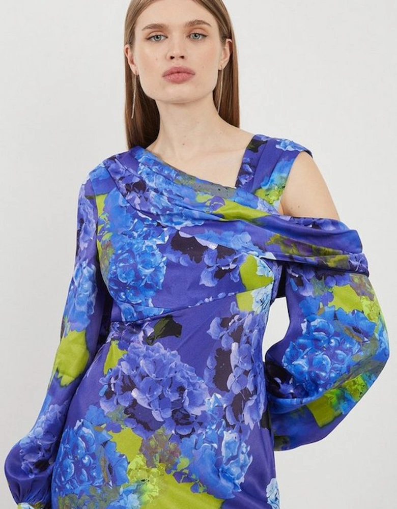 Bright Floral Print Satin Cold Shoulder Draped Midi Dress