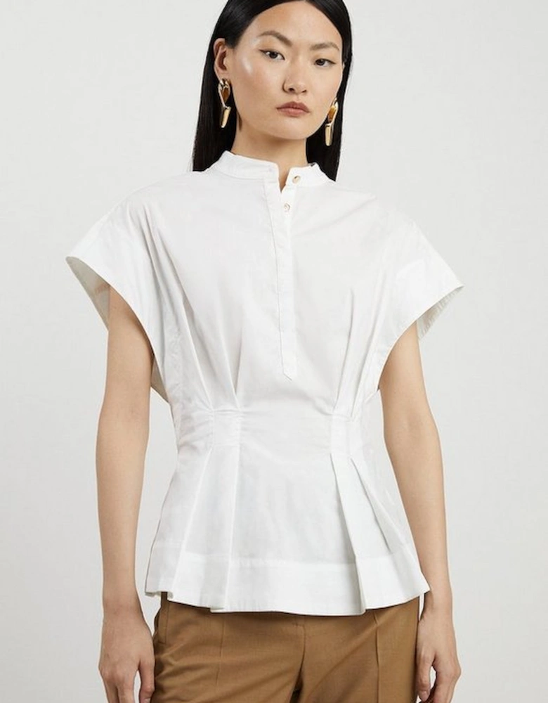 Poplin Cap Sleeve Buttoned Pintuck Woven Shirt