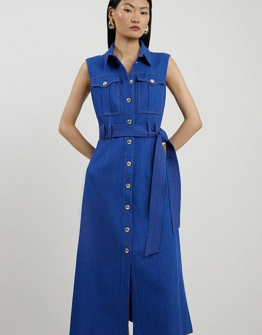 Tailored Denim Pocket Belted Full Skirt Midi Shirt Dress, 4 of 3