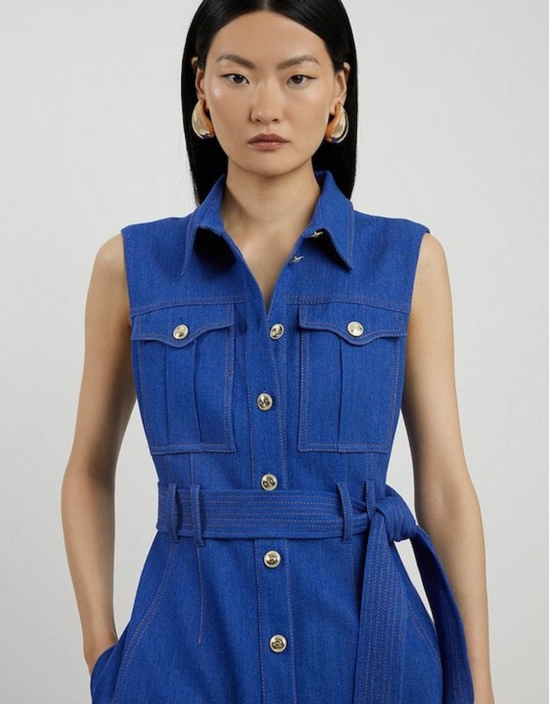 Tailored Denim Pocket Belted Full Skirt Midi Shirt Dress