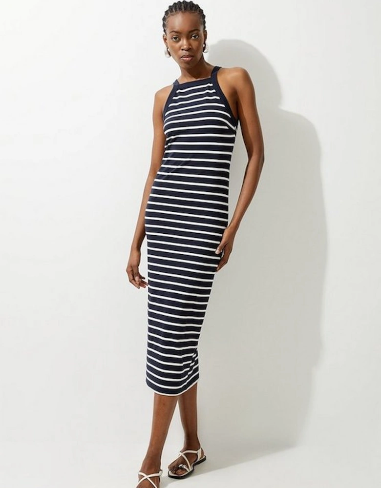 Stripe Stretch Cotton Jersey Halter Midi Dress