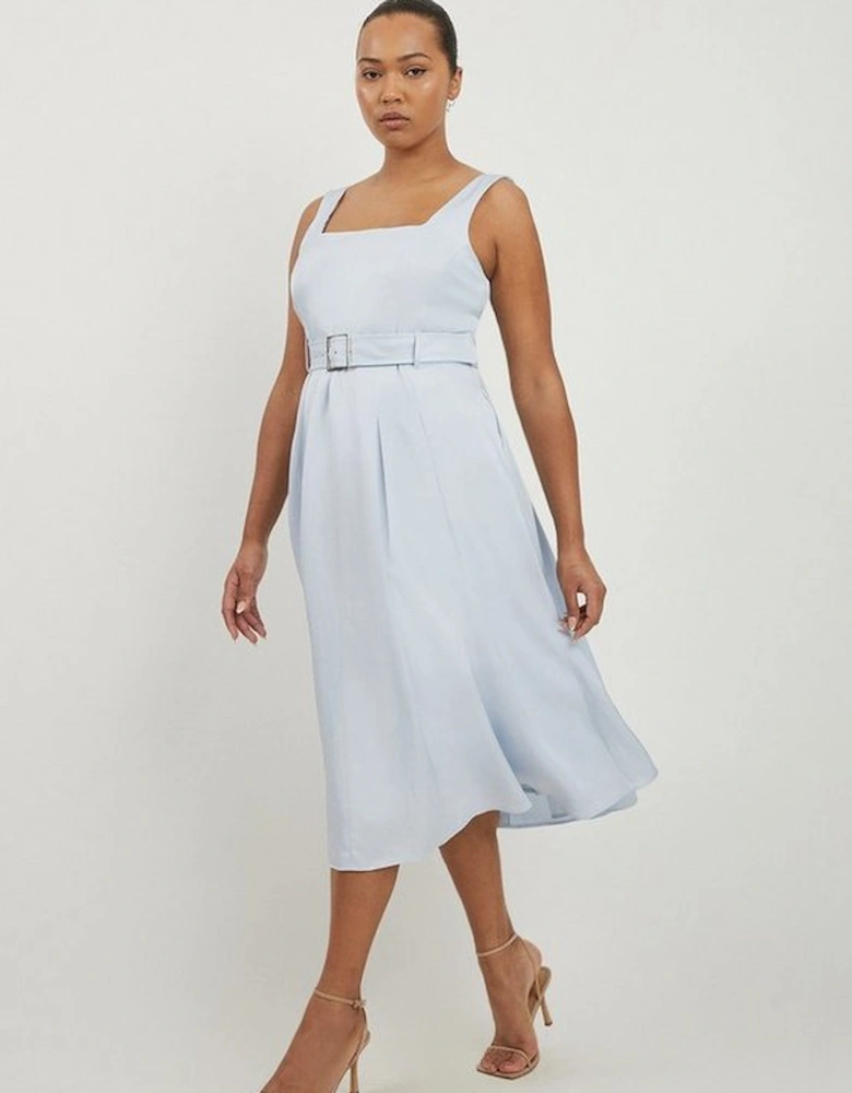 Plus Size Premium Tailored Linen Belted Full Skirt Midi Dress