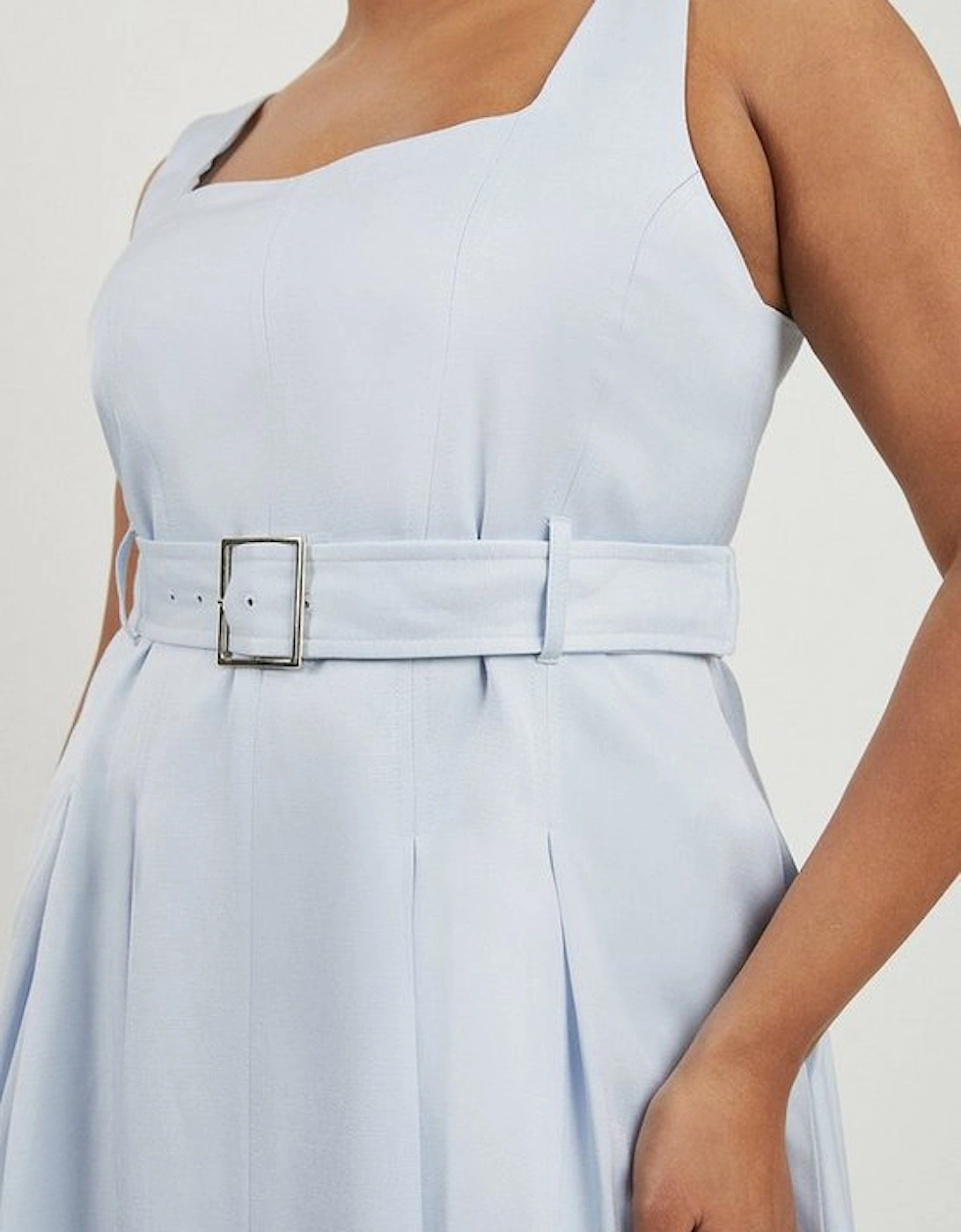 Plus Size Premium Tailored Linen Belted Full Skirt Midi Dress