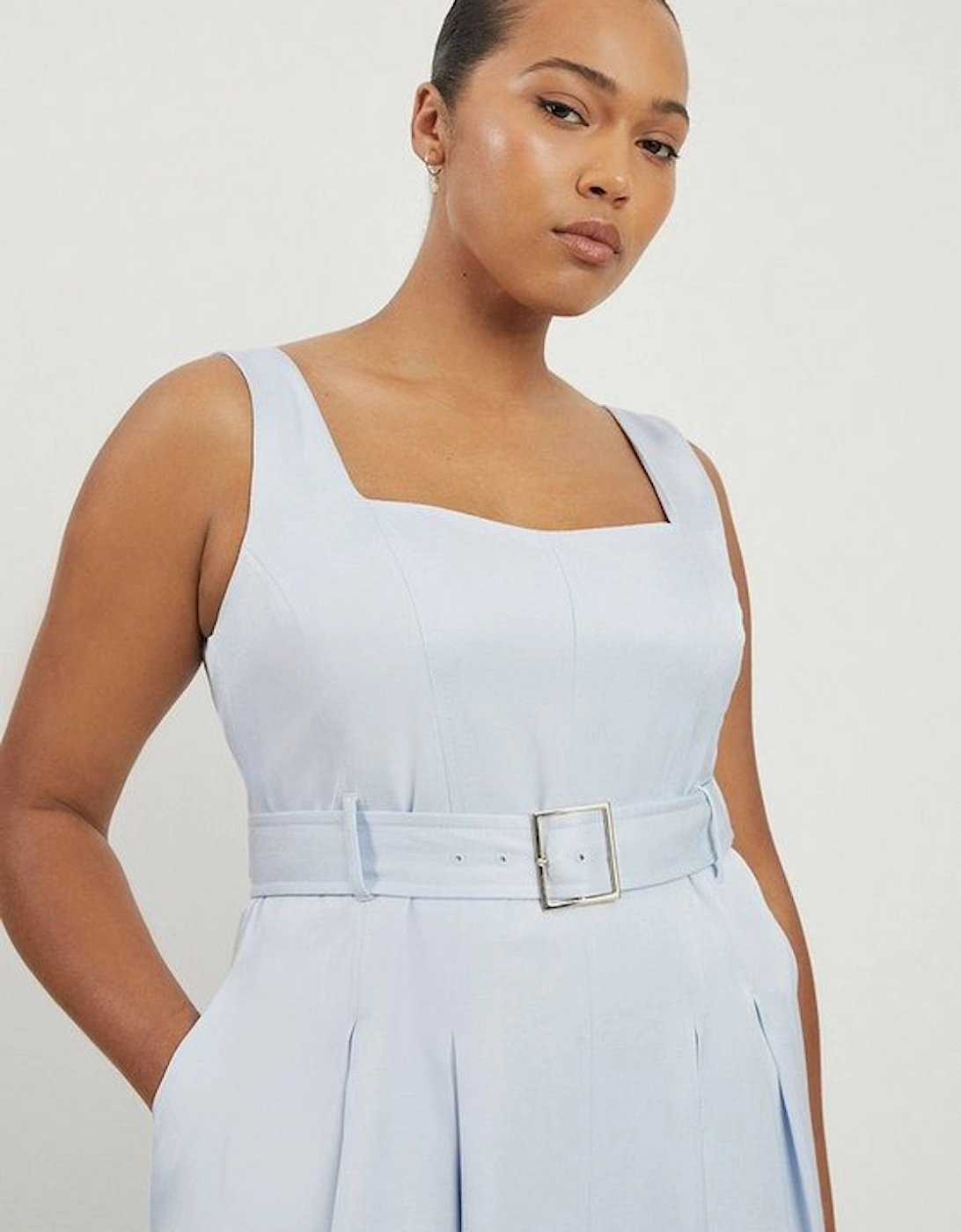 Plus Size Premium Tailored Linen Belted Full Skirt Midi Dress