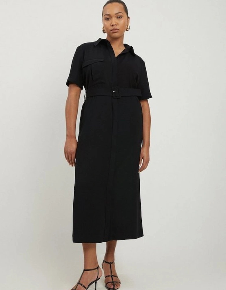 Plus Size Tailored Crepe Pocket Detail Short Sleeved Belted Midi Shirt Dress