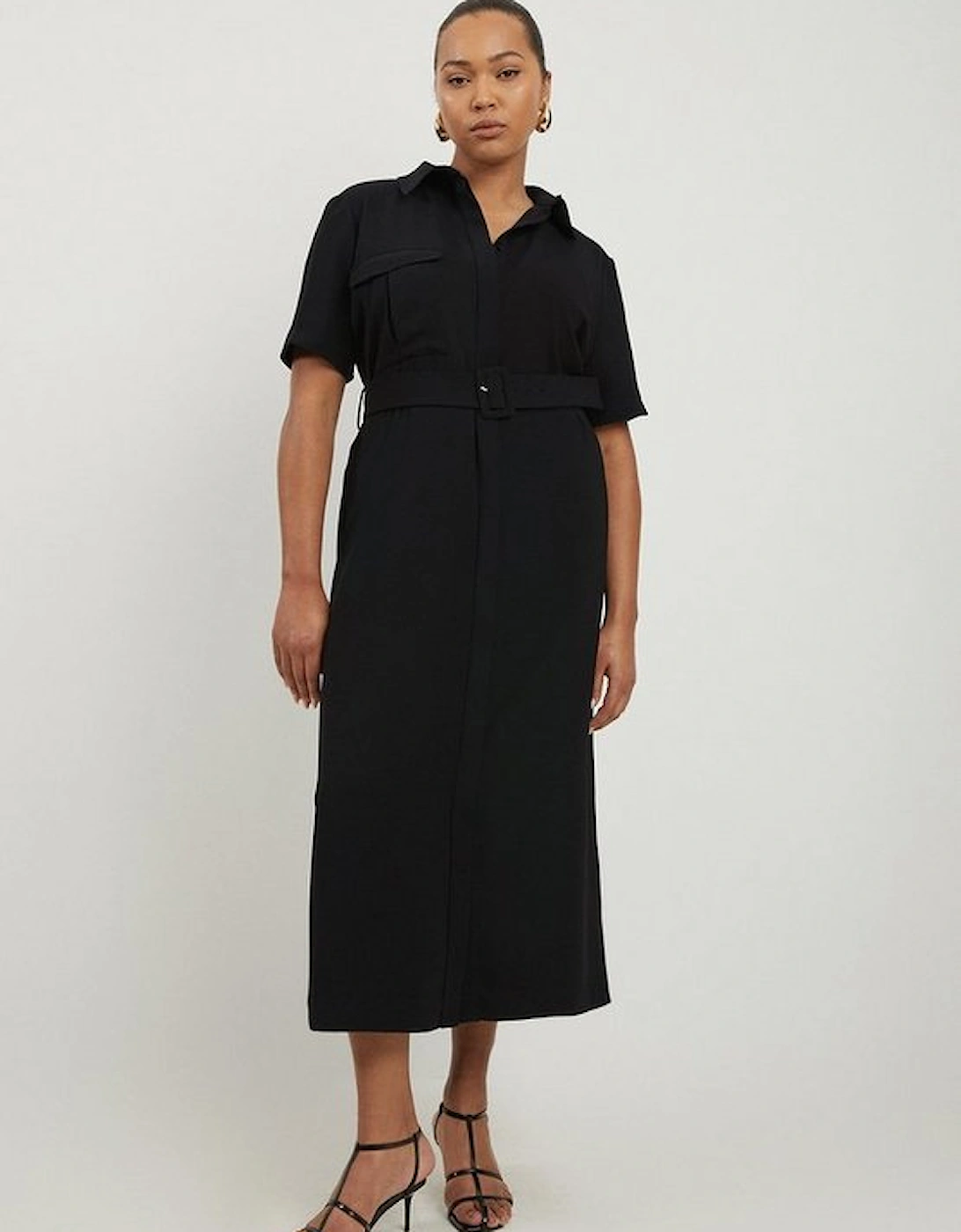 Plus Size Tailored Crepe Pocket Detail Short Sleeved Belted Midi Shirt Dress, 5 of 4