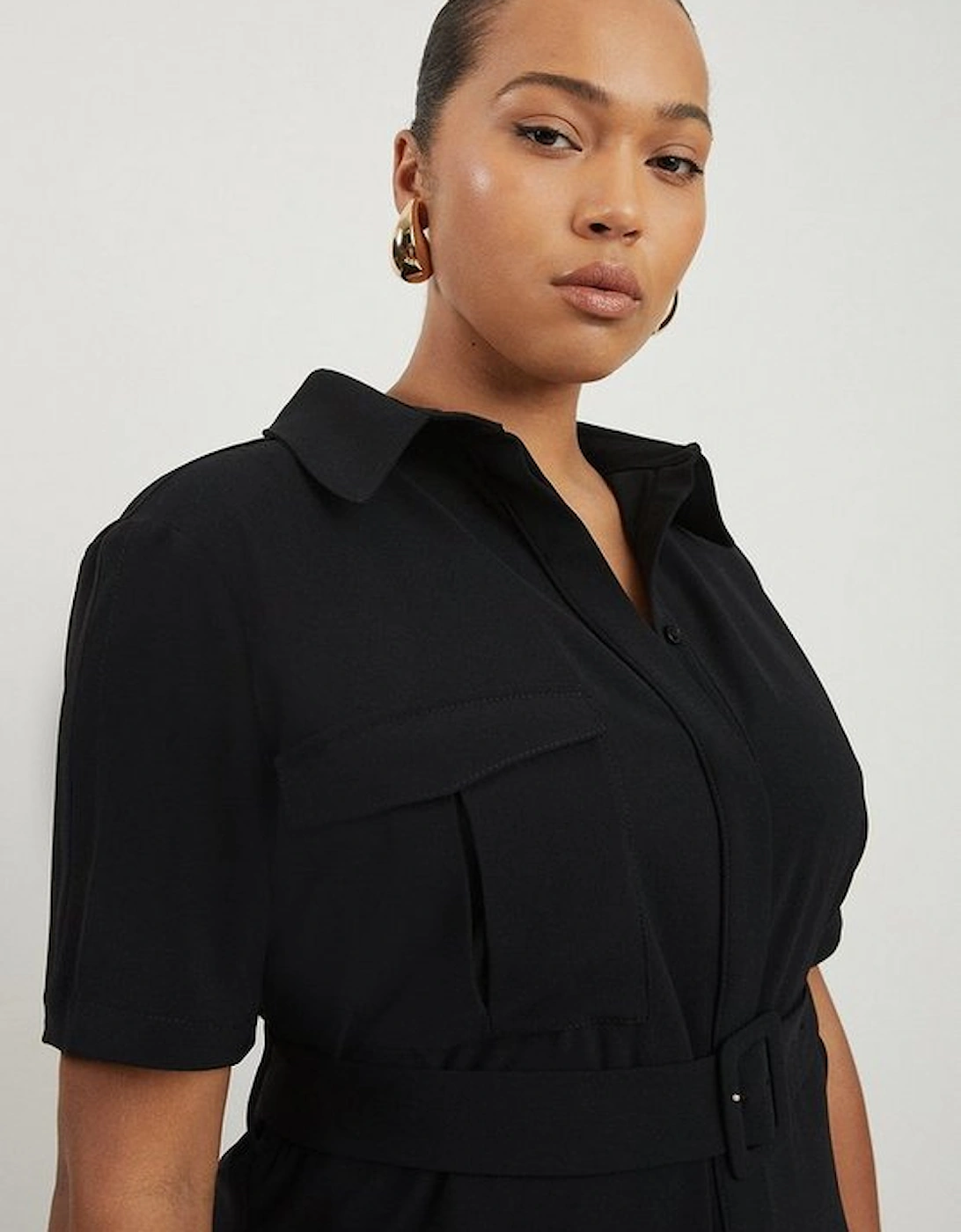 Plus Size Tailored Crepe Pocket Detail Short Sleeved Belted Midi Shirt Dress