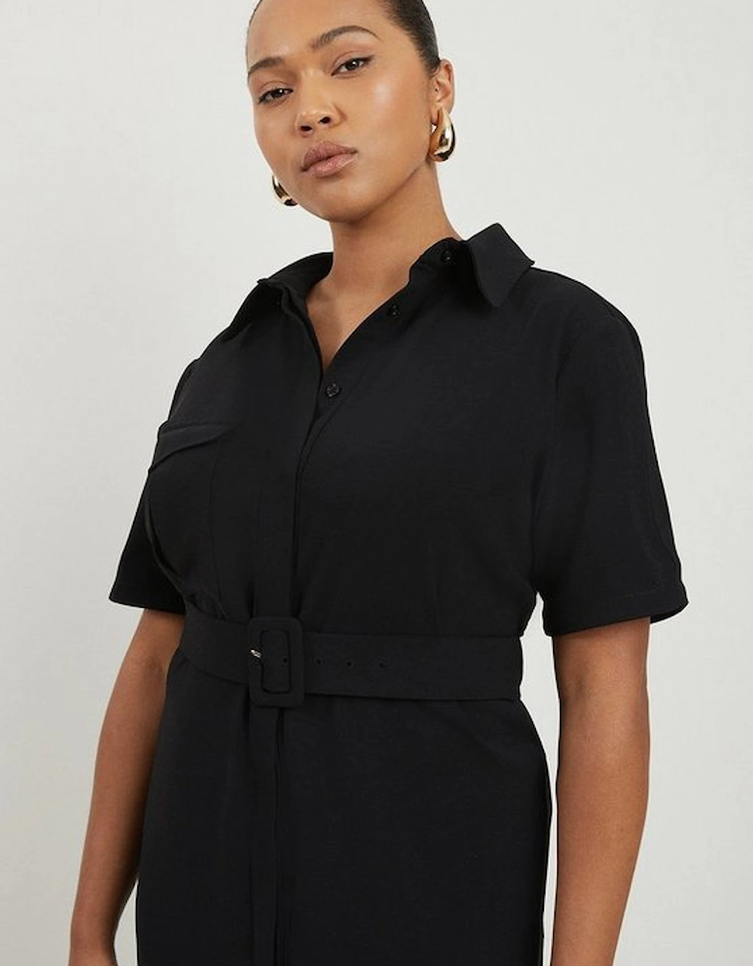 Plus Size Tailored Crepe Pocket Detail Short Sleeved Belted Midi Shirt Dress
