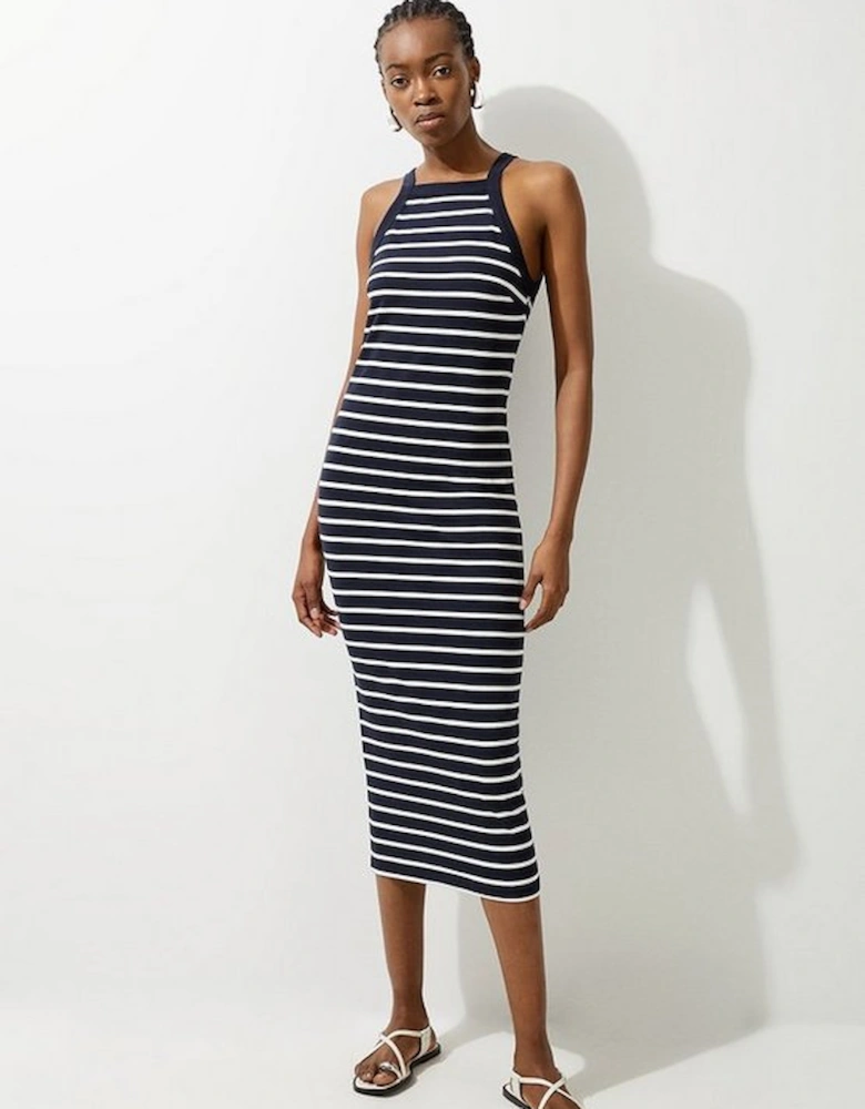 Petite Stripe Stretch Cotton Jersey Halter Midi Dress