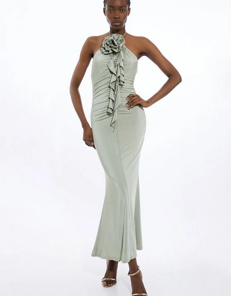 Tall Backless Tie Rosette Slinky Jersey Maxi Dress