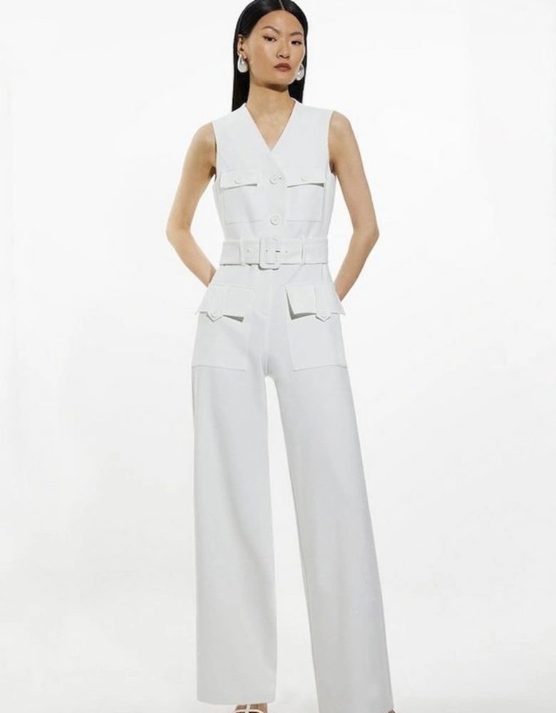Compact Stretch Tailored Safari Belted Jumpsuit