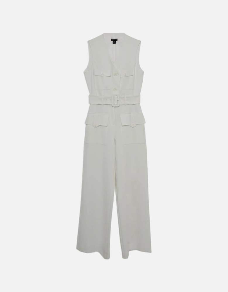 Compact Stretch Tailored Safari Belted Jumpsuit