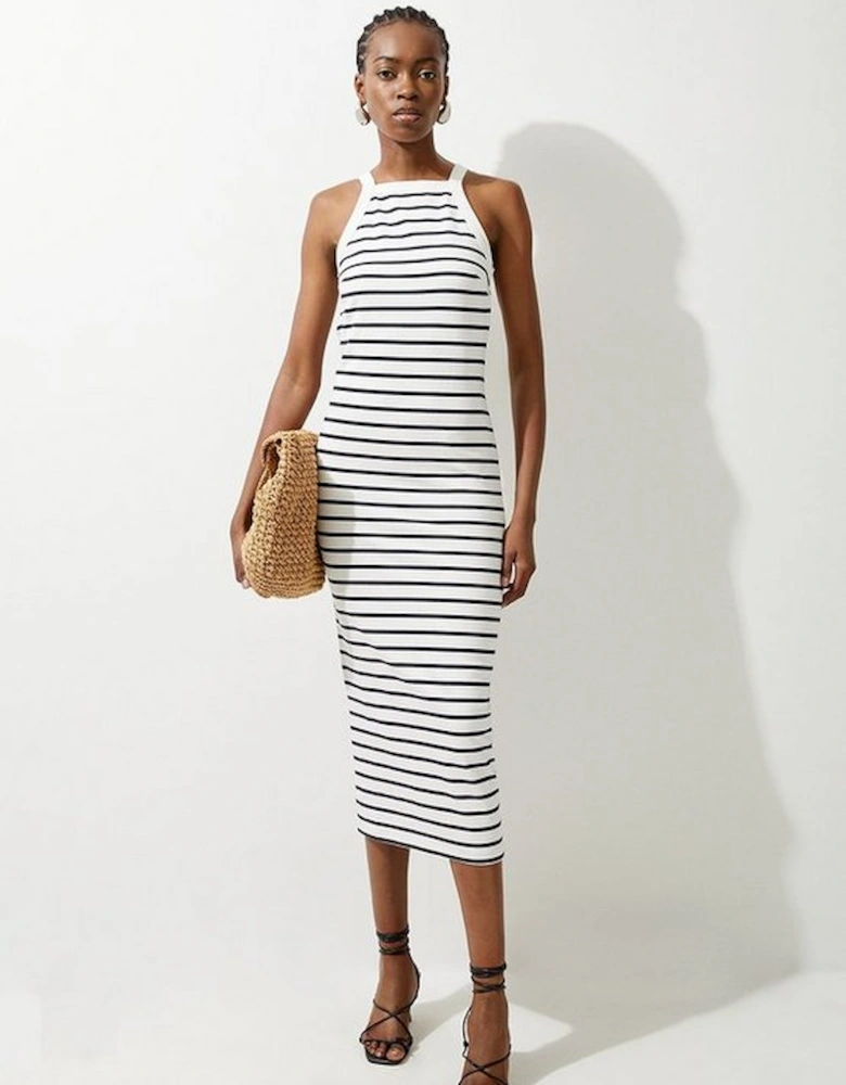 Stripe Stretch Cotton Jersey Halter Midi Dress