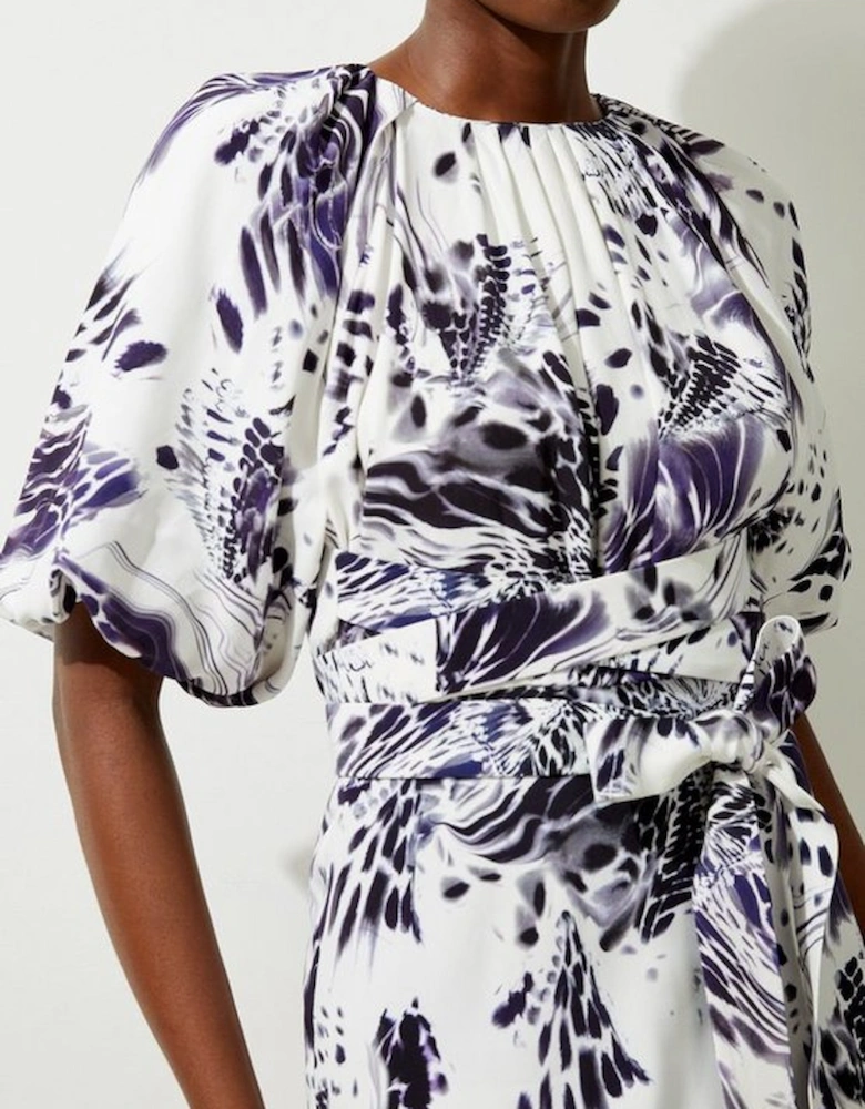 Abstract Floral Satin Woven Midi Dress