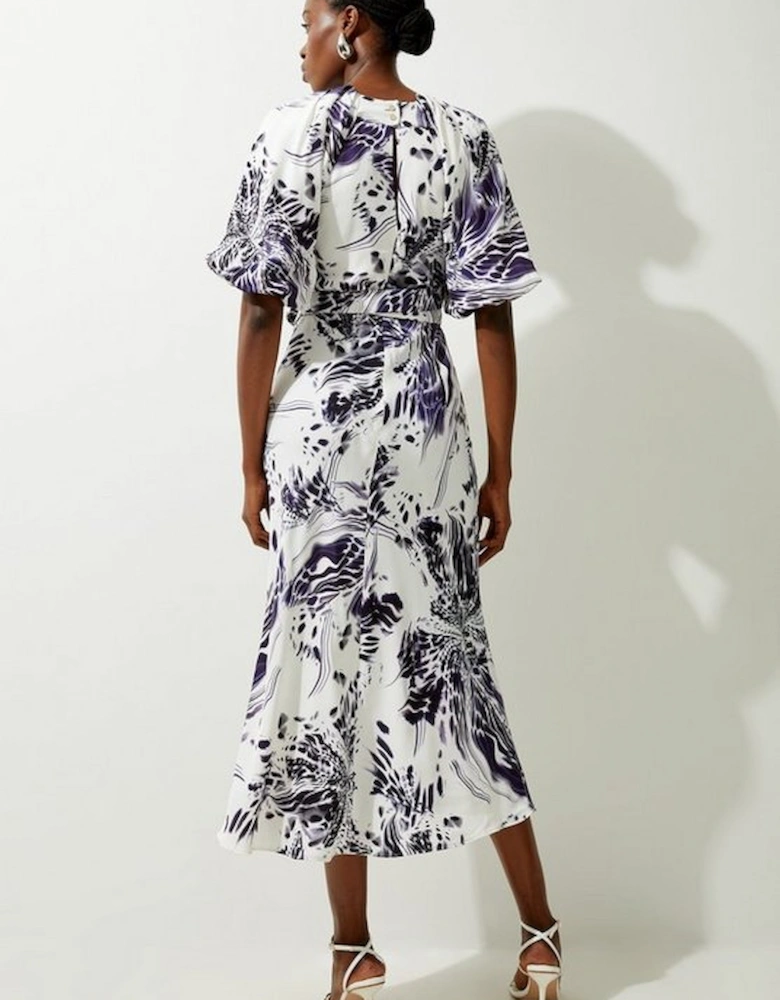 Abstract Floral Satin Woven Midi Dress