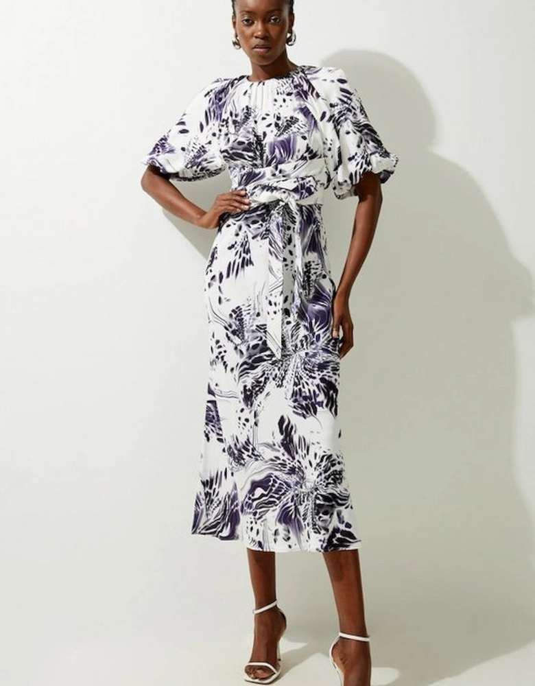 Abstract Floral Satin Woven Midi Dress