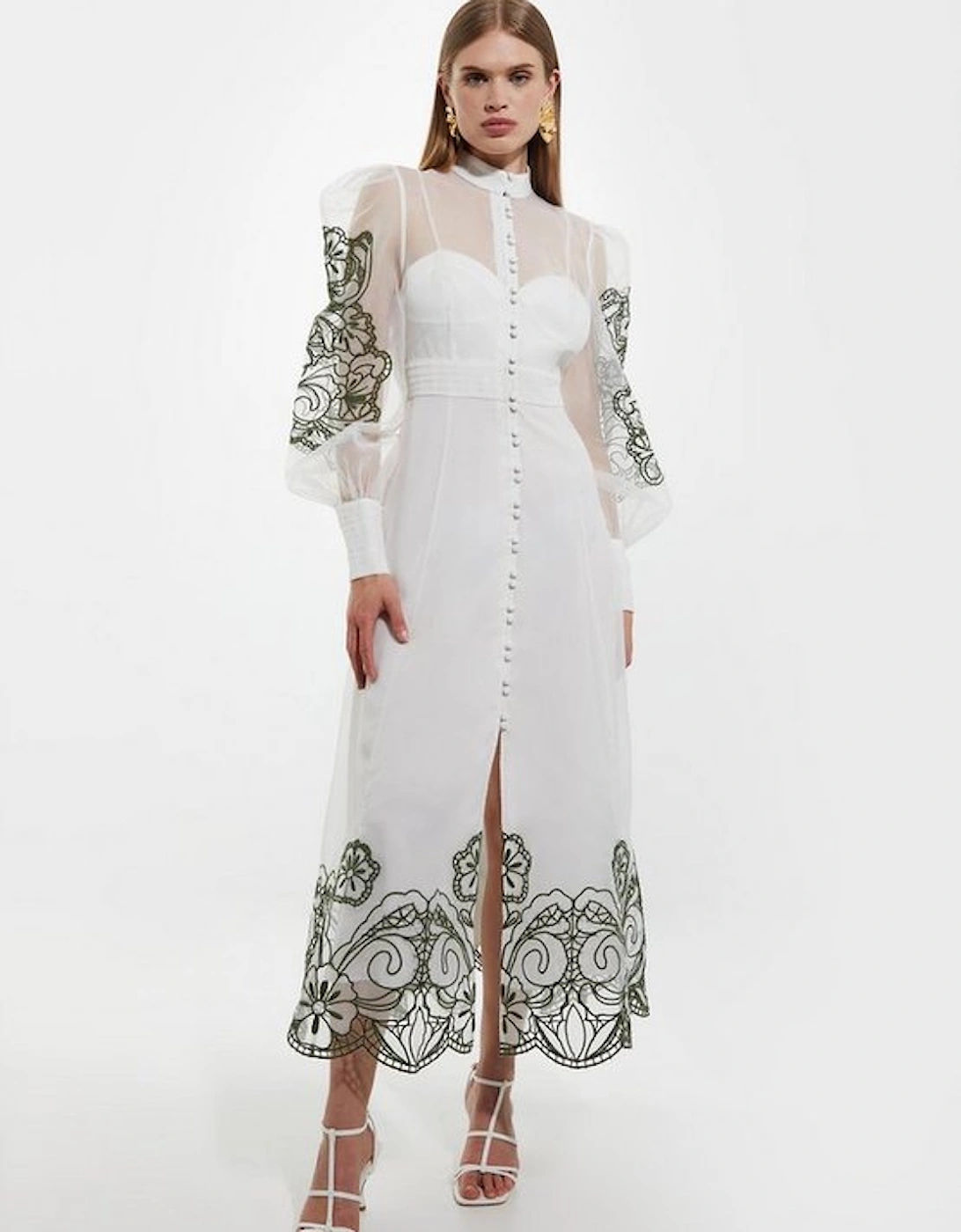 Tall Embroidered Floral Woven Button Up Maxi Dress, 4 of 3