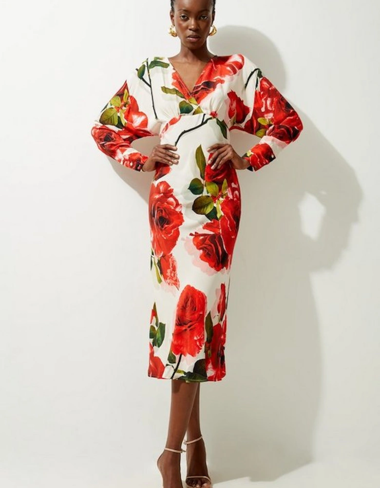 Rose Printed Morocain Woven V Neck Midaxi Dress