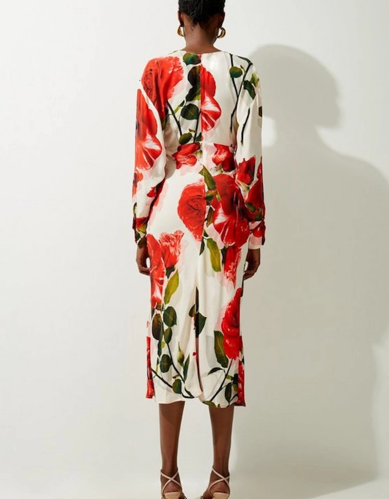 Rose Printed Morocain Woven V Neck Midaxi Dress