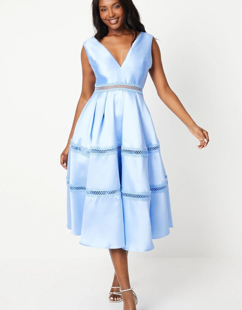 Plunge Neck Twill Midi Dress With Lace Trims