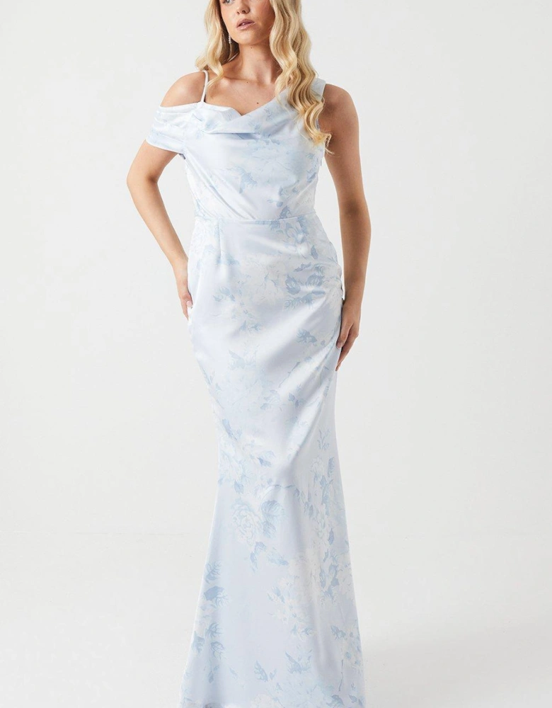 Printed Asymmetric Sleeve Bridesmaids Dress