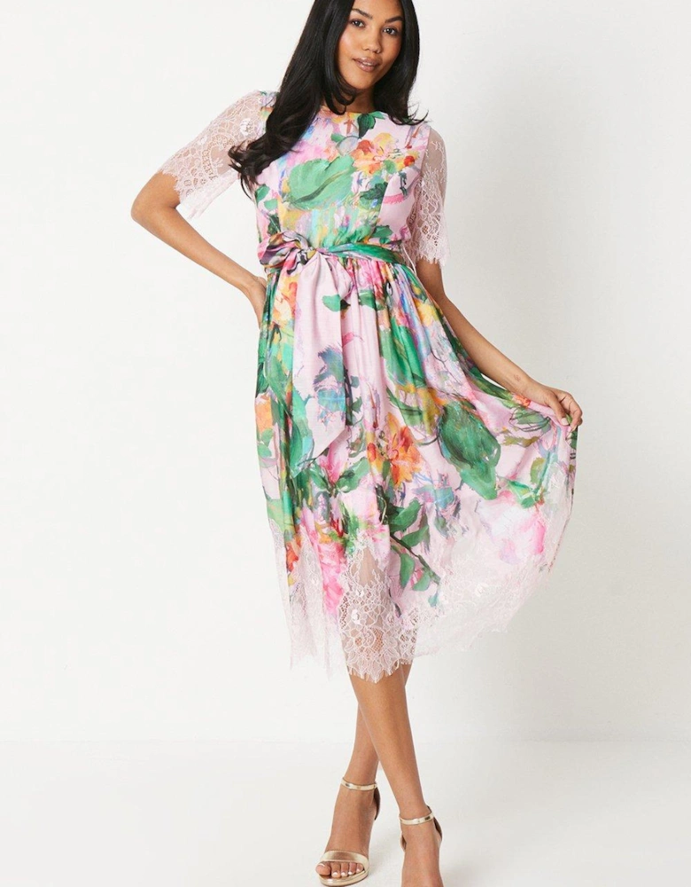 Lace Hem And Sleeve Printed Midi Dress