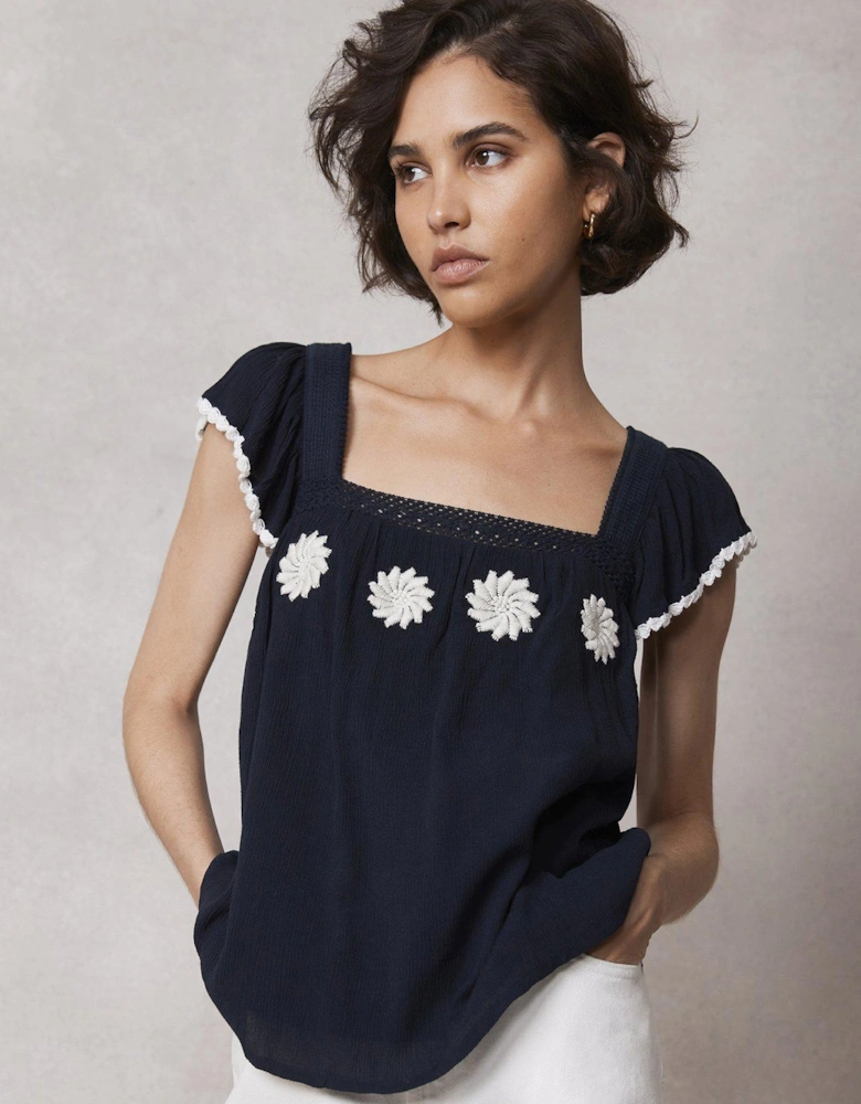 Navy Floral Embroidered Ruffle Top