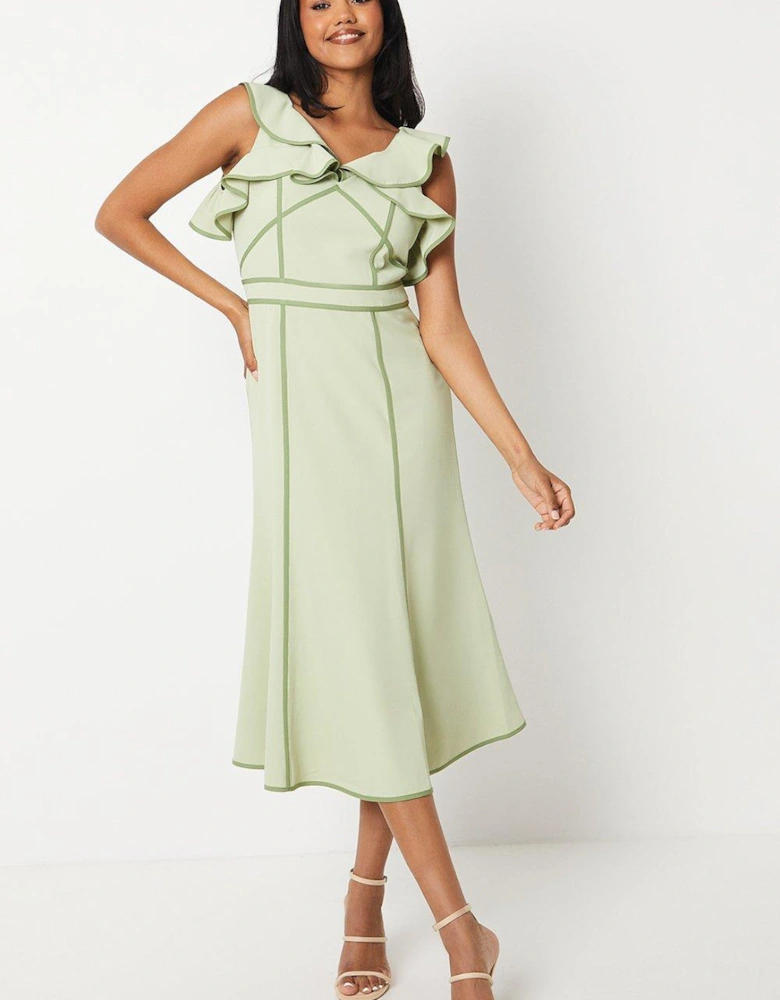 Frill Shoulder Detail Crepe Midi Dress With Tipping