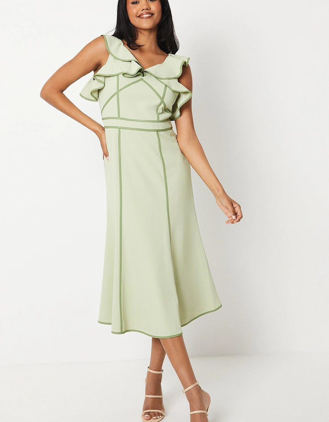 Frill Shoulder Detail Crepe Midi Dress With Tipping, 6 of 5