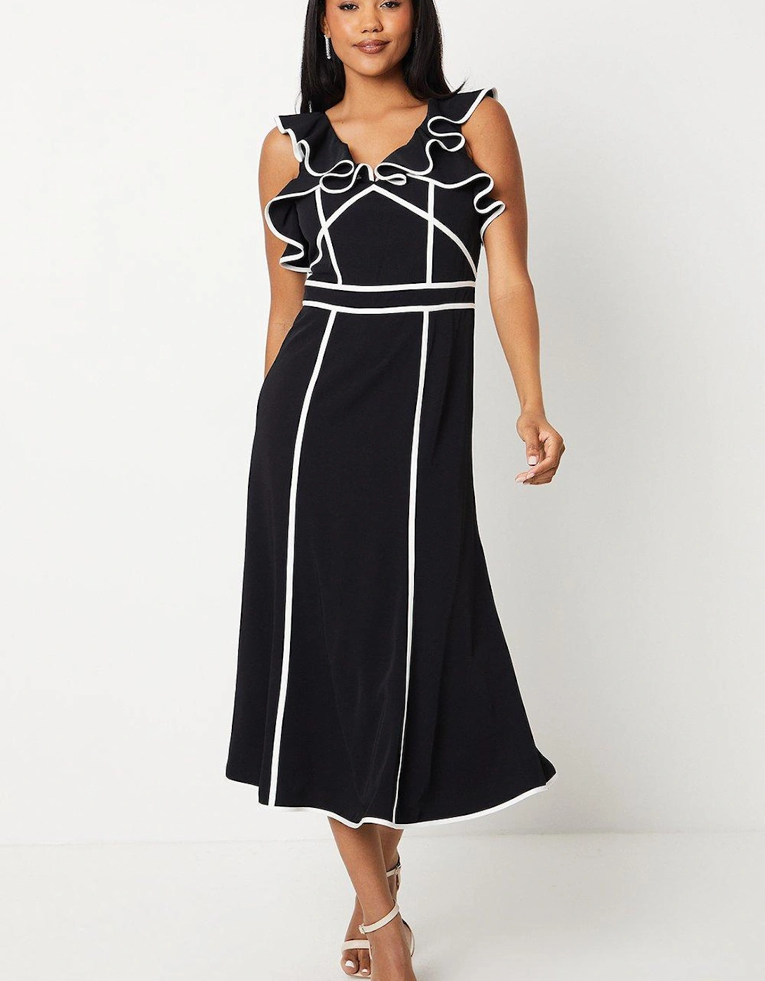 Frill Shoulder Detail Crepe Midi Dress With Tipping, 6 of 5