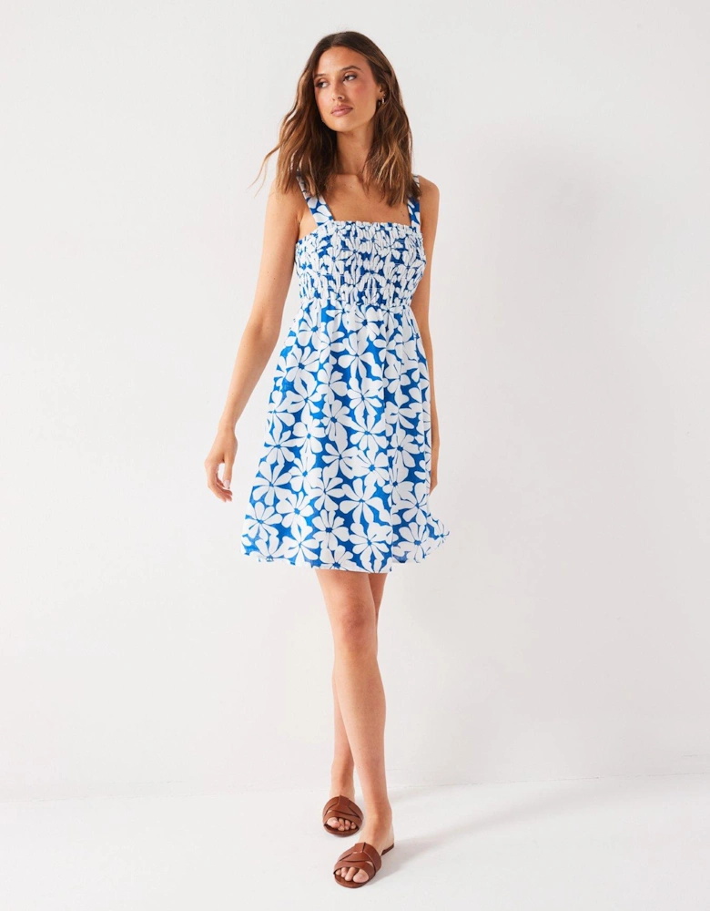 Shirred Floral Print Mini Dress - Blue/White