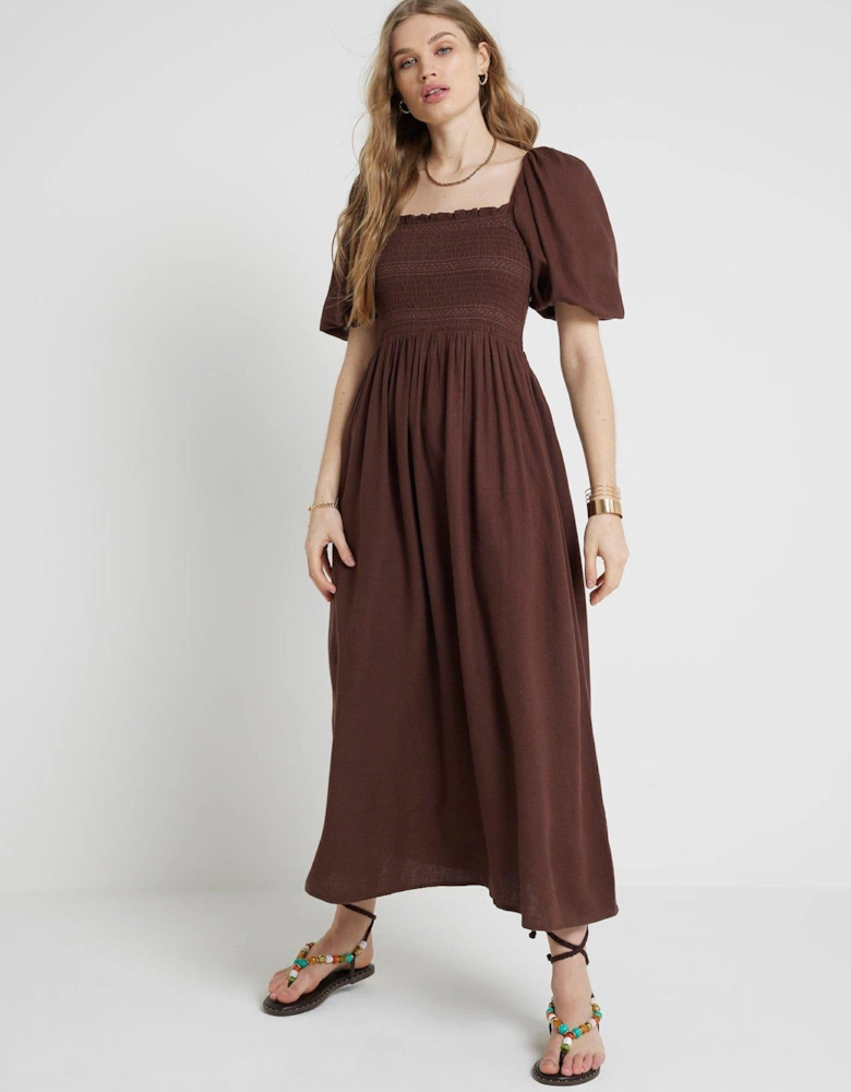 Shirred Waist Midi Dress - Brown