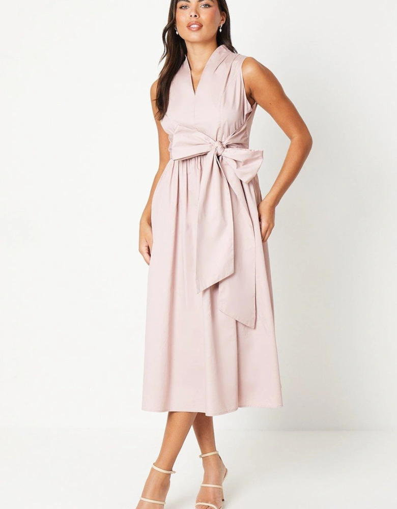 Bow Front Pleated Cotton Midi Dress