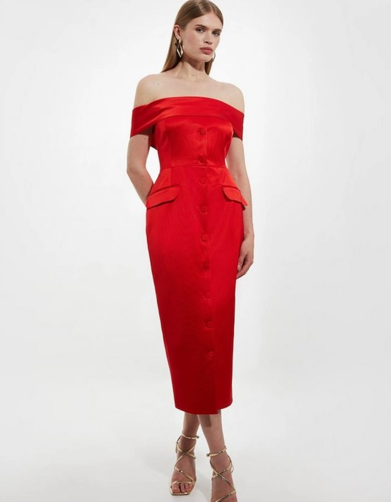 Italian Structured Rib Bardot Button Through Tailored Midi Dress