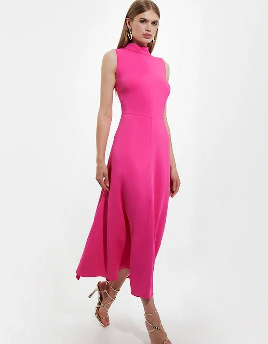 Compact Stretch Viscose Tailored High Neck Tie Detail Midi Dress, 4 of 3