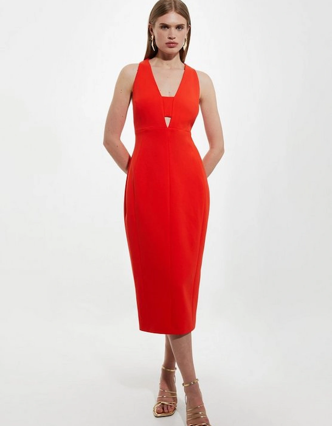 Compact Stretch Cut Out Back Midi Pencil Dress, 4 of 3