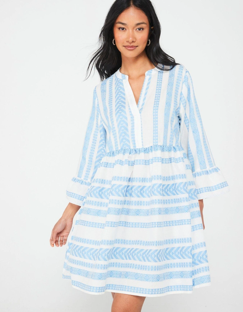 V Neck Frill Sleeve Mini Dress - Blue/White