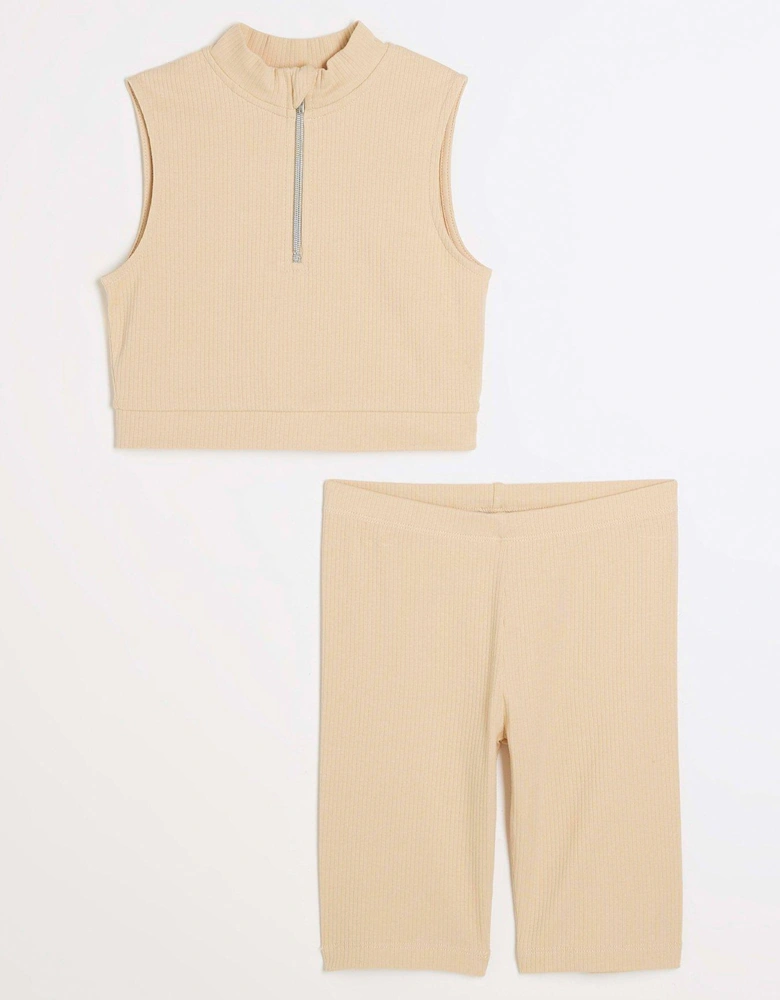 Girls Ribbed Tank Top And Shorts Set - Beige